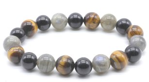 Pulseira Labradorita, Turmalina noire, Olho de tigre perles 10mm